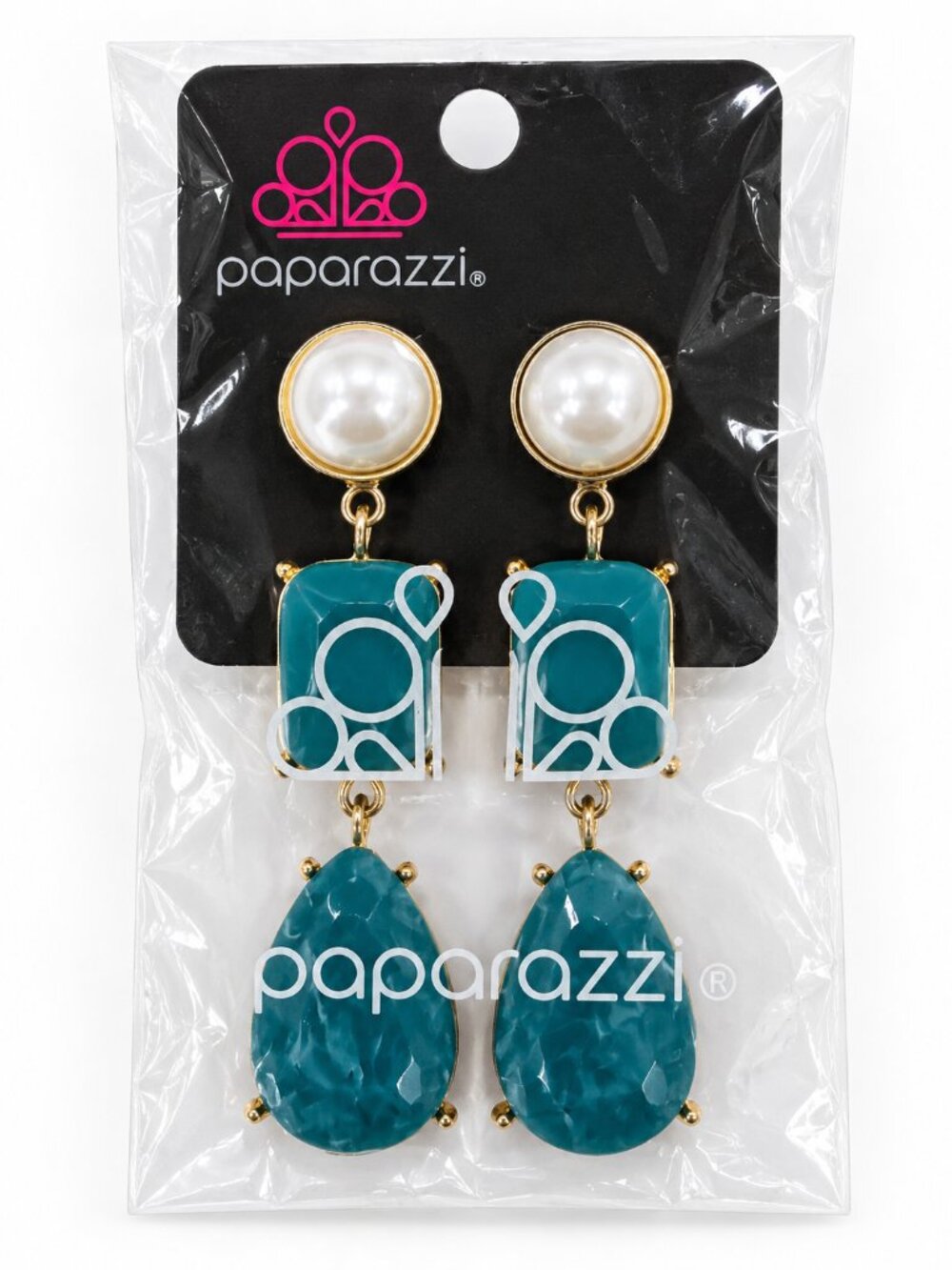 Paparazzi NWT Teal Blue Statement Dangle Earrings Faux Pearl Gold Tone